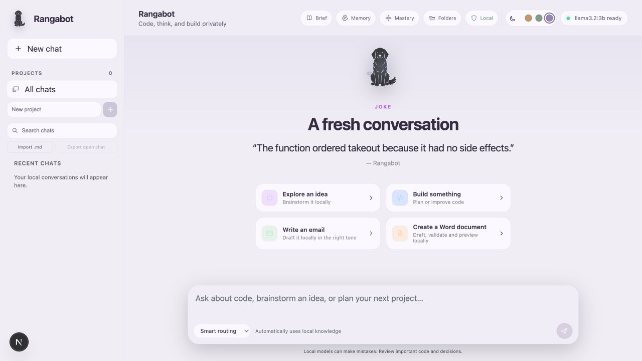 Rangabot fresh chat interface with projects, local model controls and conversation starters